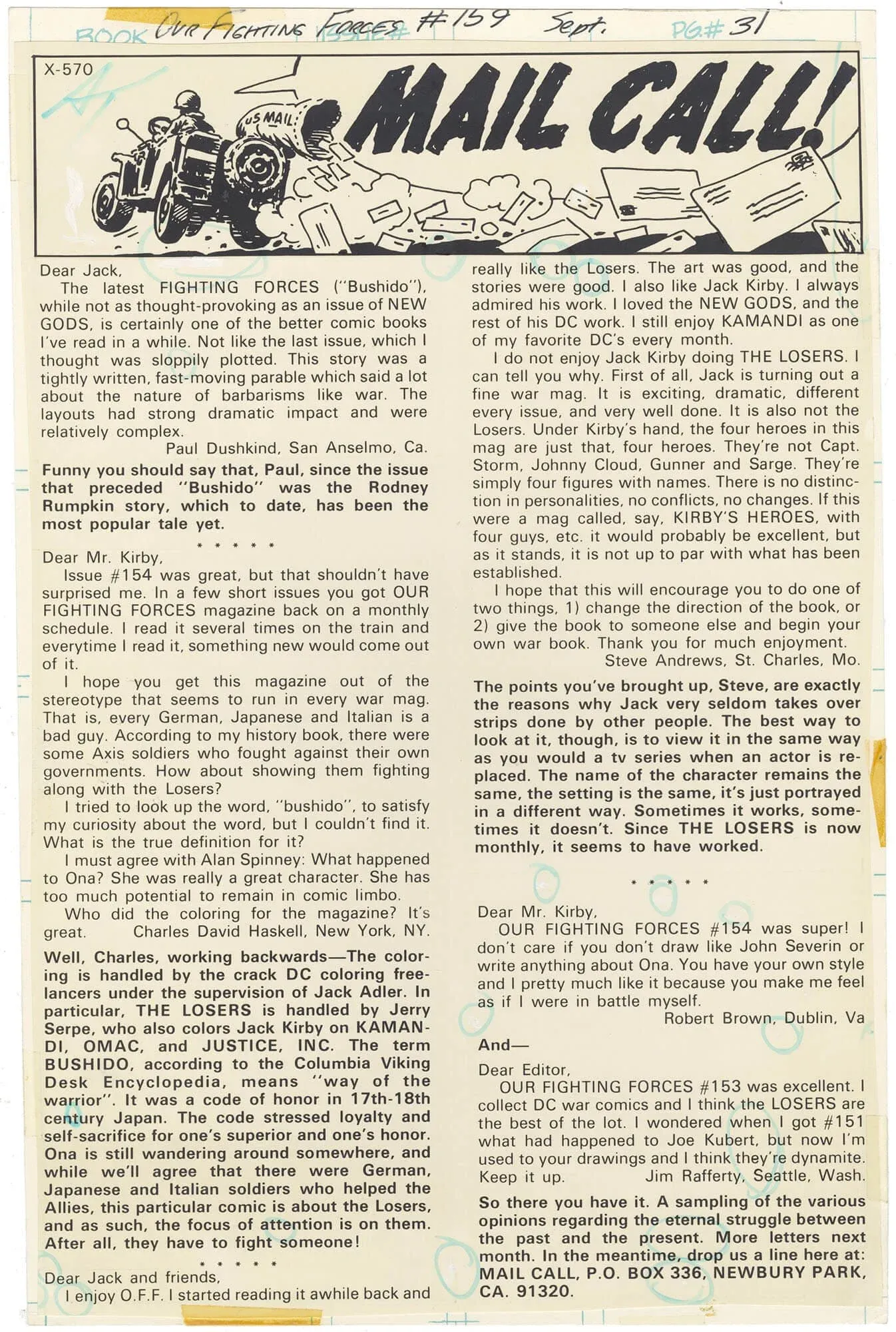 Our Fighting Forces #159 p31 (Letters to Jack Kirby)